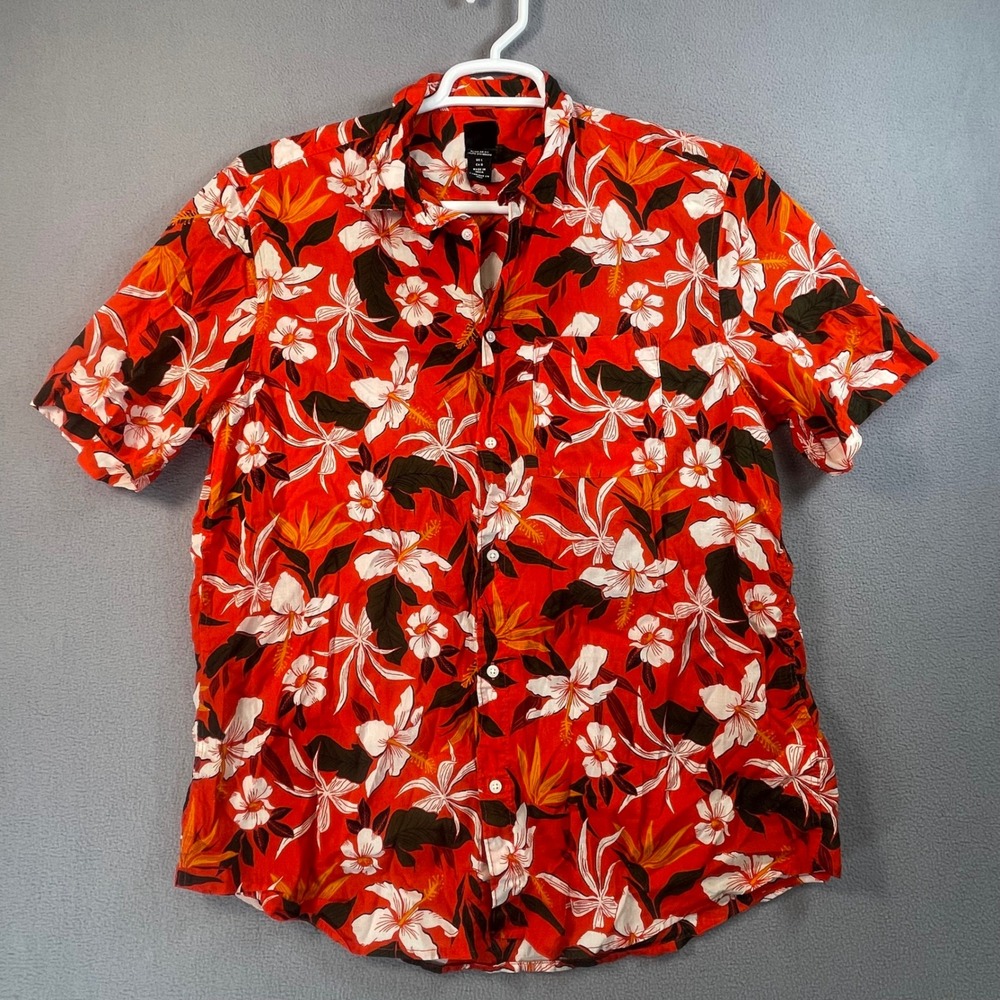 H&M Button Down Shirt Men Large Red Floral Hibiscus Tropical Regular Fit Cotton